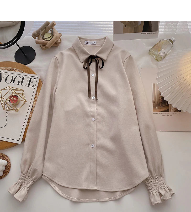 Bonus Savings Collegiate lace up Lapel shirt casual long sleeve top     S2535