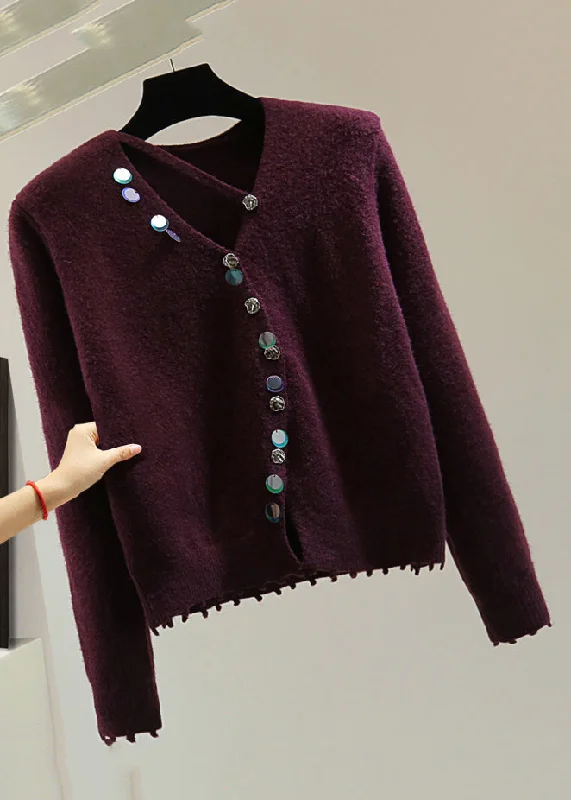 Take Advantage Women Mulberry V Neck Asymmetrical Sequins Cotton Knit Sweaters Winter