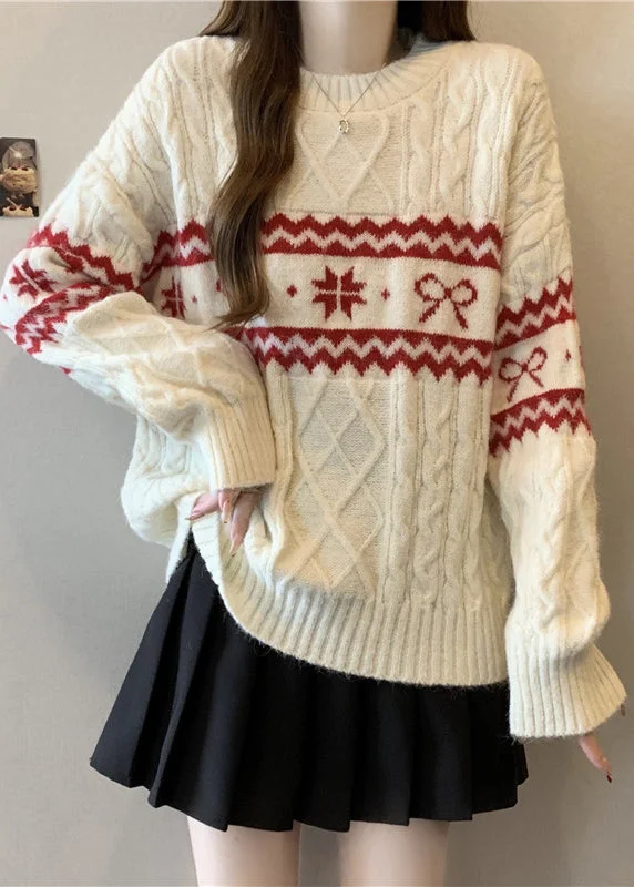 Stock Up and Save Fashion Beige O Neck Jacquard Thick Knit Sweater Winter