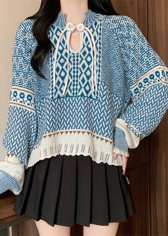 Lowest Rates Boutique Blue Tasseled Jacquard Knit Short Sweater Winter