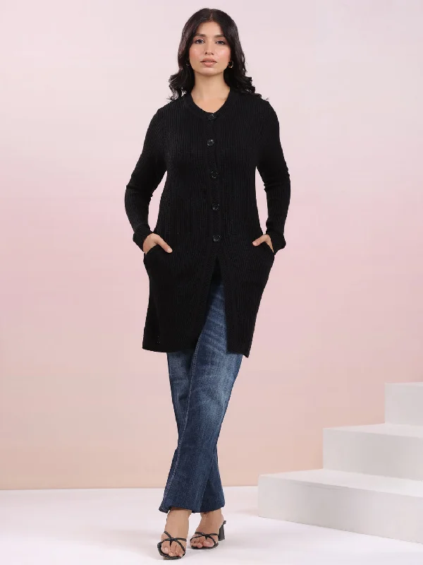 Overstock Sale Black Woolen Self Design Winter Shrug