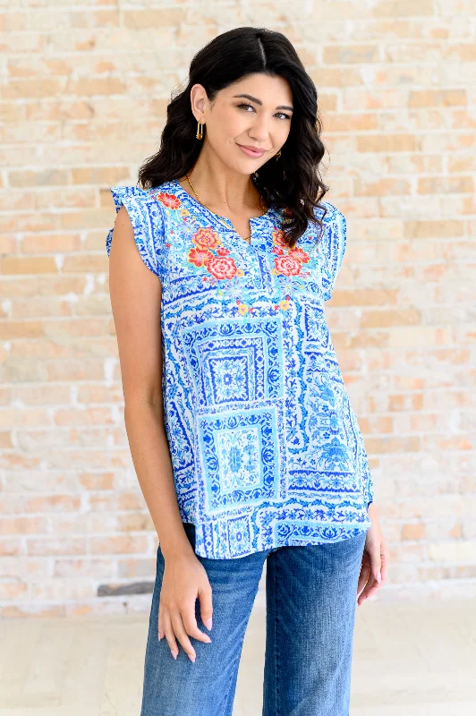 Online Only Keep Me Coming V-Neck Top in Ivory Royal