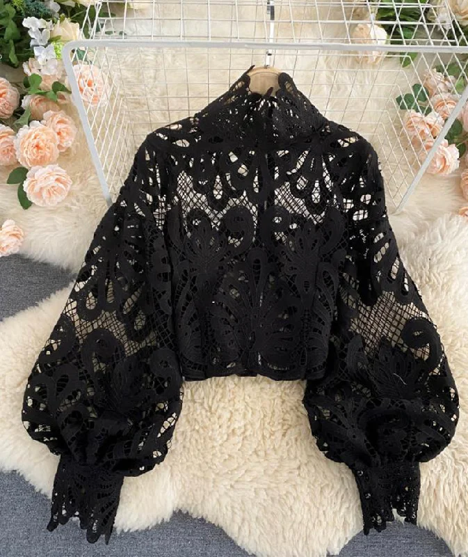Weekend Deals You Can't Resist Stylish hollow lace top puff sleeve top   S107