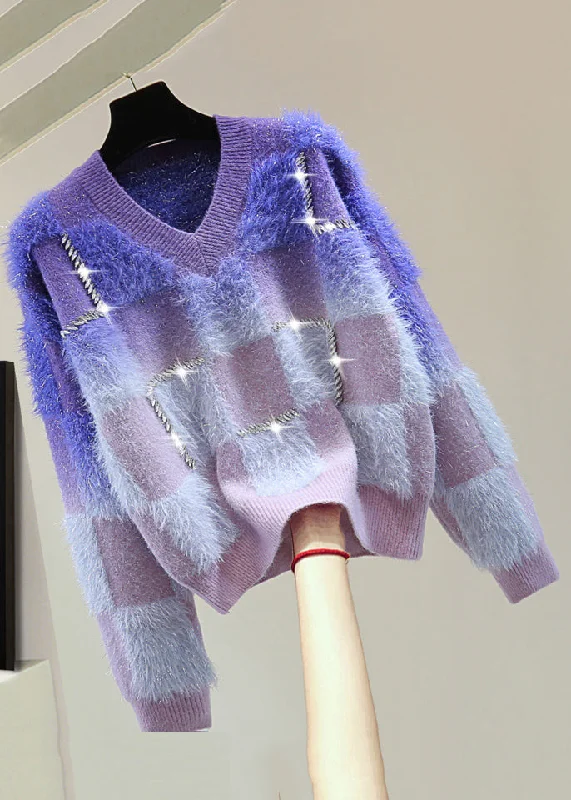 Weekend Offers That Tempt Gradient Color Blue O-Neck Zircon Ma Hai Mao Cotton Knit Sweater Tops
