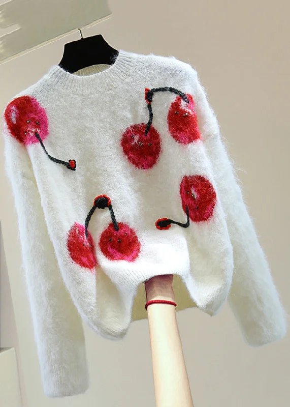 Bargain Blast Organic White Embroidered Floral Nail Bead Cotton Knit SweatersWinter
