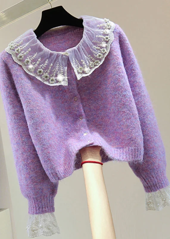 Weekend Discounts to Enjoy Art Purple Embroidered Patchwork Zircon Thick Cotton Knit Sweater