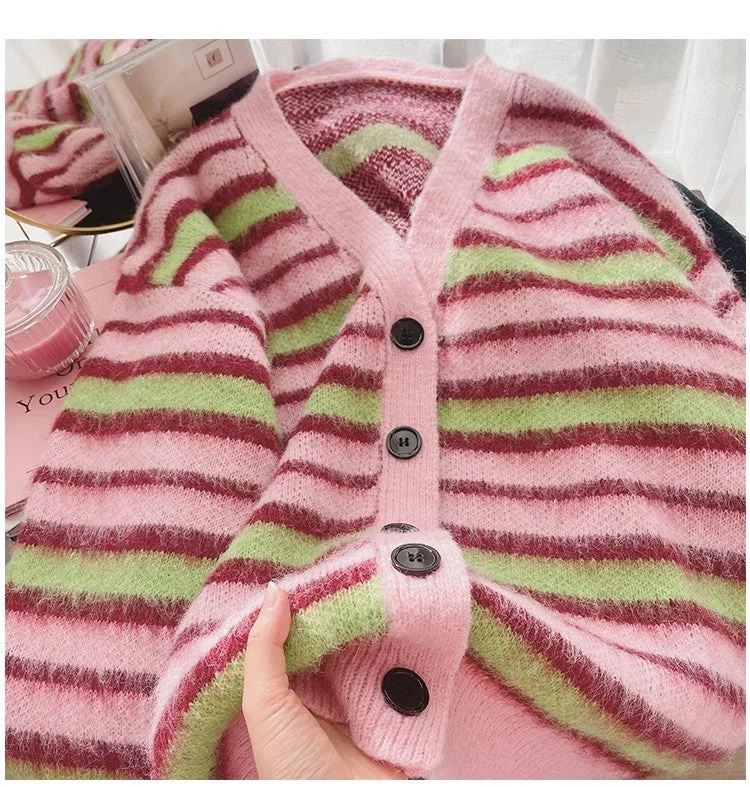 Sale Event striped long-sleeved sweater jacket for women new soft knitted cardigan    S4919