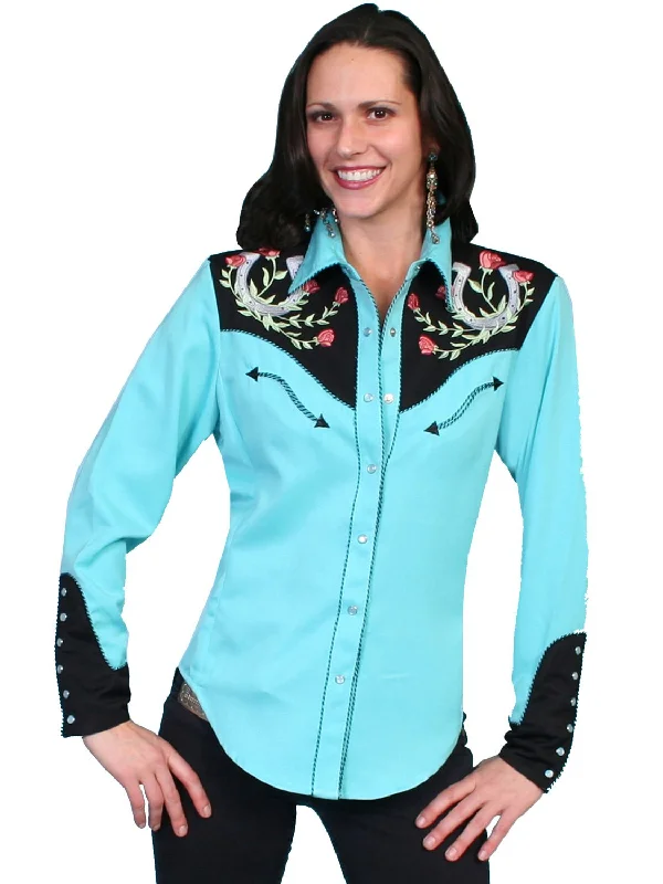 Mega Sale Scully Western Womens Turquoise Polyester L/S Horseshoe Western Shirt