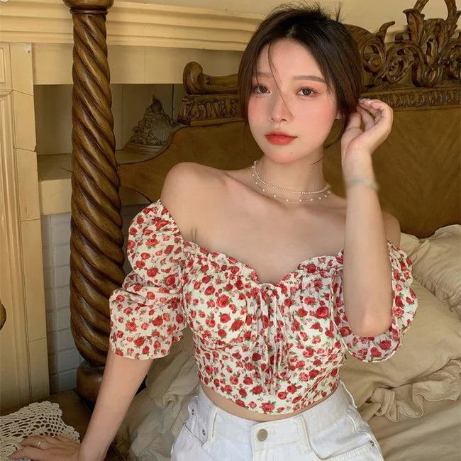 Seasonal Clearance Summer Floral Thin One-Shoulder Blouse     S2827