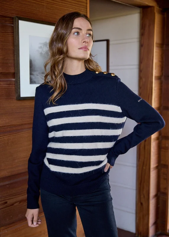Weekend Savings Sensation GALA - Striped Sweater With Shank Button Shoulder | 100% Textured Wool (NAVY / IVORY)