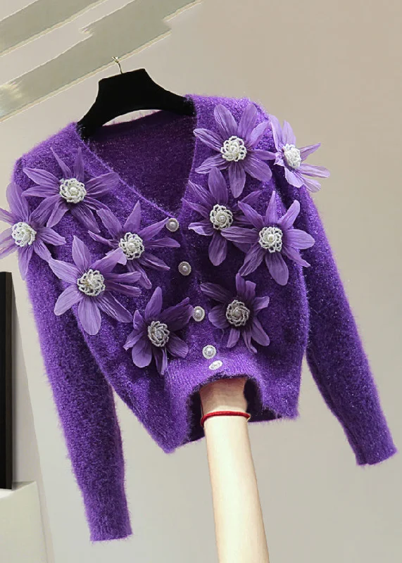 Today Only Purple Floral Ma Hai Mao Thick Cotton Knit Sweater V Neck Winter