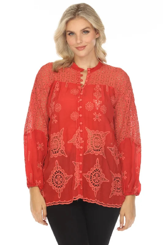 Overstock Johnny Was Red Eyelet Embroidered Button-Down Blouse C19324 Boho Chic