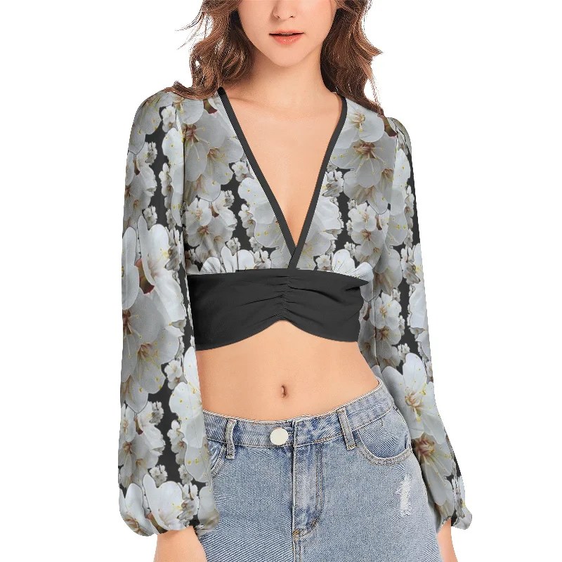 YEAR-End Sale TRP Floral Print 01-01 Designer Deep V-neck Lantern Sleeve Crop Top