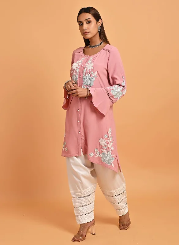 Exclusive Preview Pink Patchwork Embroidered Tunic with Asymmetrical Hemline