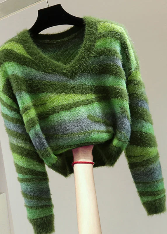 Weekend Special Chic Green V Neck Thick Striped Cotton Knit Sweater Winter