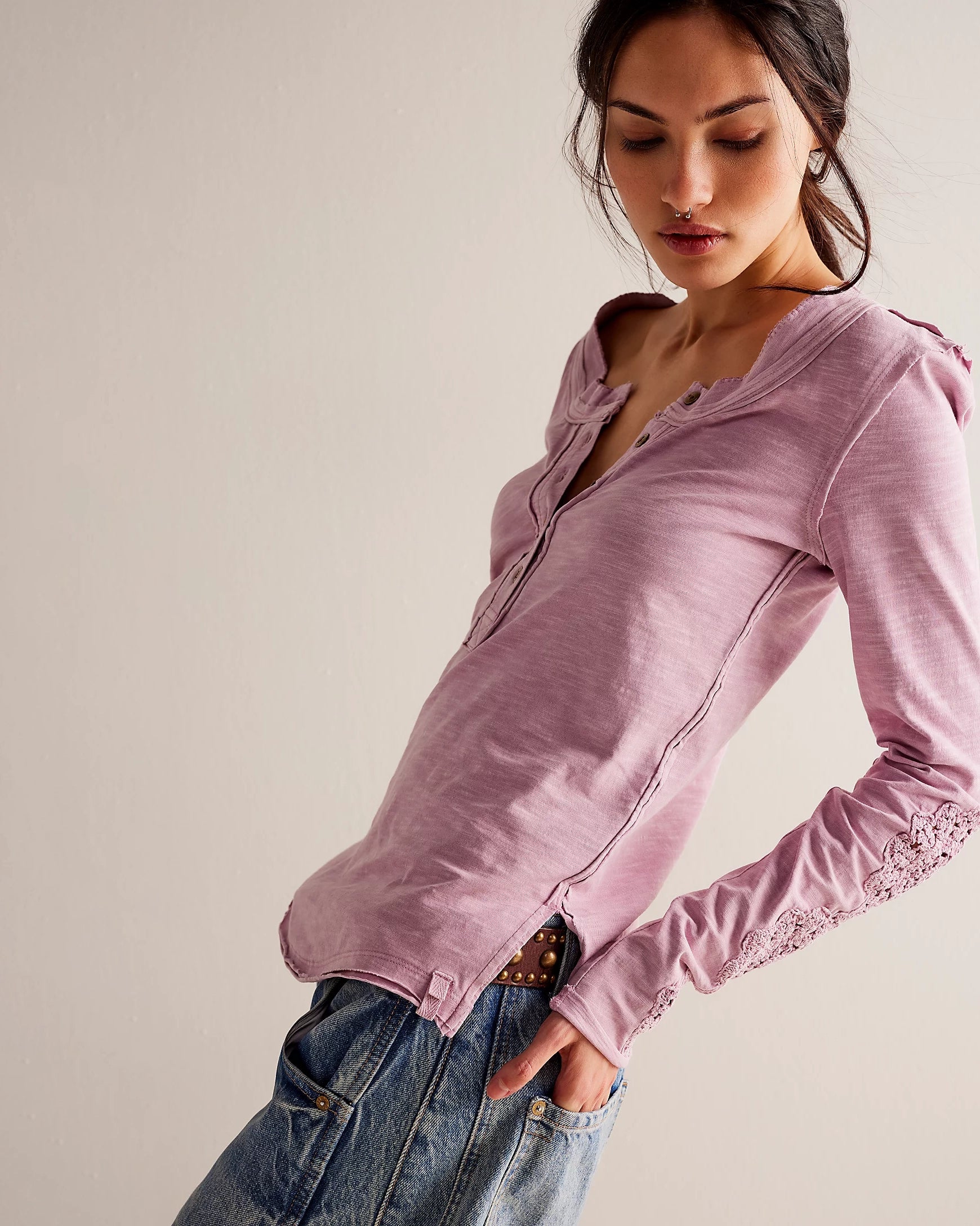 Markdowns Our Song Henley Cuff Top in Candid Lilac