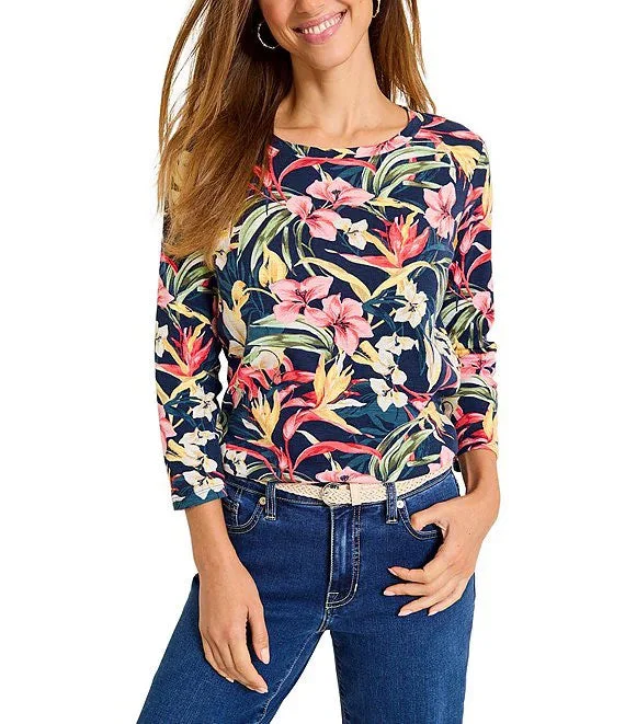 Price Drop Tommy Bahama Women's Ashby Villa Garden 3/4 Sleeve T-Shirt - Black