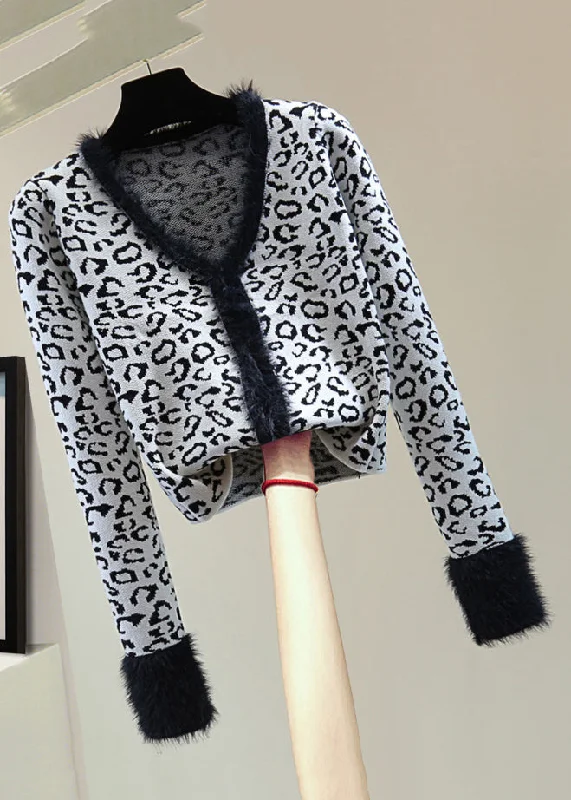 Price Blitz Style Leopard V Neck Fuzzy Fur Fluffy Cotton Knit Sweaters Winter