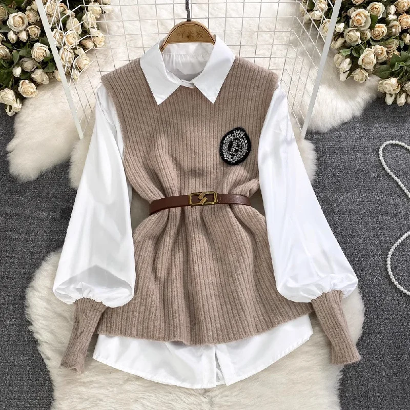 Unmissable Offer lantern long-sleeved mid-length shirt knitted vest two-piece suit for women      S3999