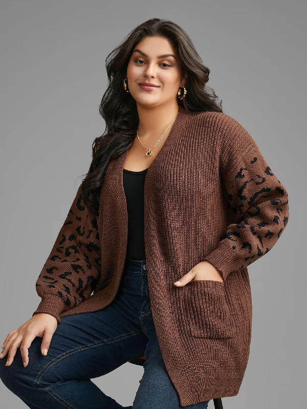 Markdowns Leopard Print Patchwork Lantern Sleeve Cardigan