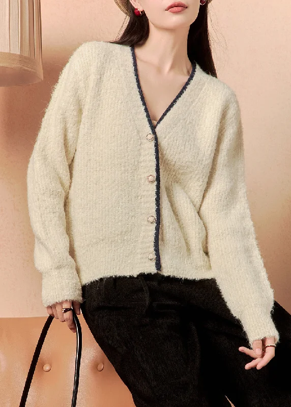 Weekend Offers That Sizzle Simple Beige V Neck Button Solid Knit Cardigan Winter