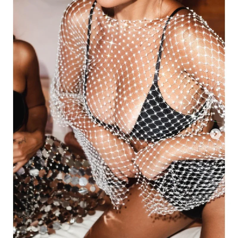 Mega Sale Nightclub Style Sexy Fishnet Plaid Round Neck Sparkling Diamond Top Wholesale Womens Tops