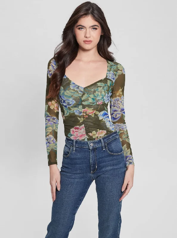 Can't Resist Eco Floral Print Shirred Reyla Mesh Top