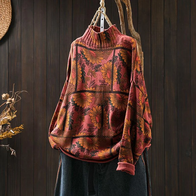 Customer Appreciation Sale Babakud Women Autumn Sunflower Printed Mock Neck Cotton Sweater