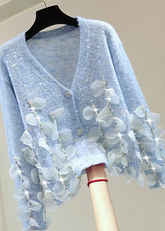 Huge Discounts Elegant Blue V Neck Sequins Nail Bead Tassel Cotton Knit Sweater Tops Winter