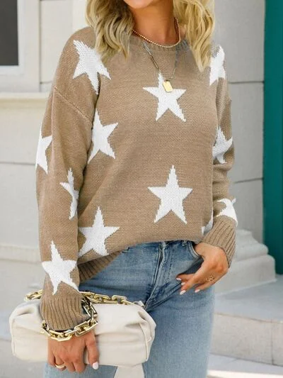 Special Savings Star Round Neck Dropped Shoulder Sweater