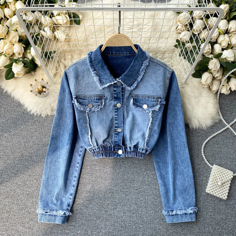 Weekend Deals to Make You Smile Chic denim long-sleeved cropped top     S42