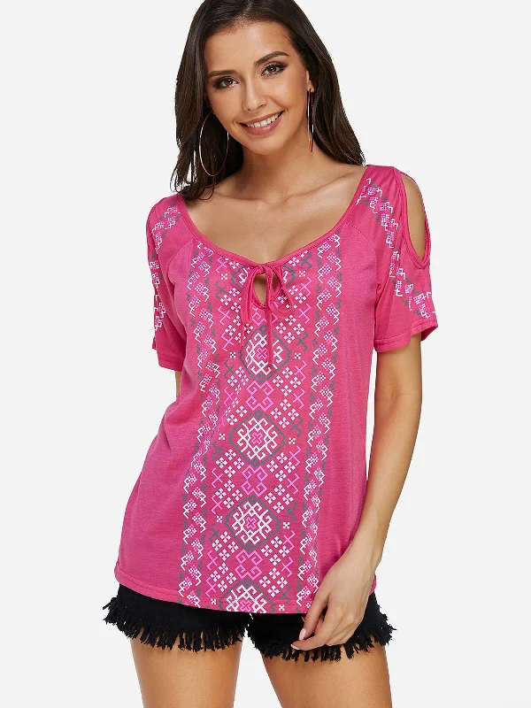 Weekend Savings Spree Custom Cold Shoulder Geometrical Short Sleeve T-Shirts