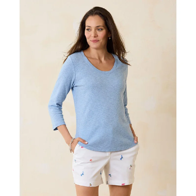 New Markdowns Tommy Bahama Women's Ashby Isles Rib 3/4 Sleeve Scoop T-Shirt - Light Sky Heathered*