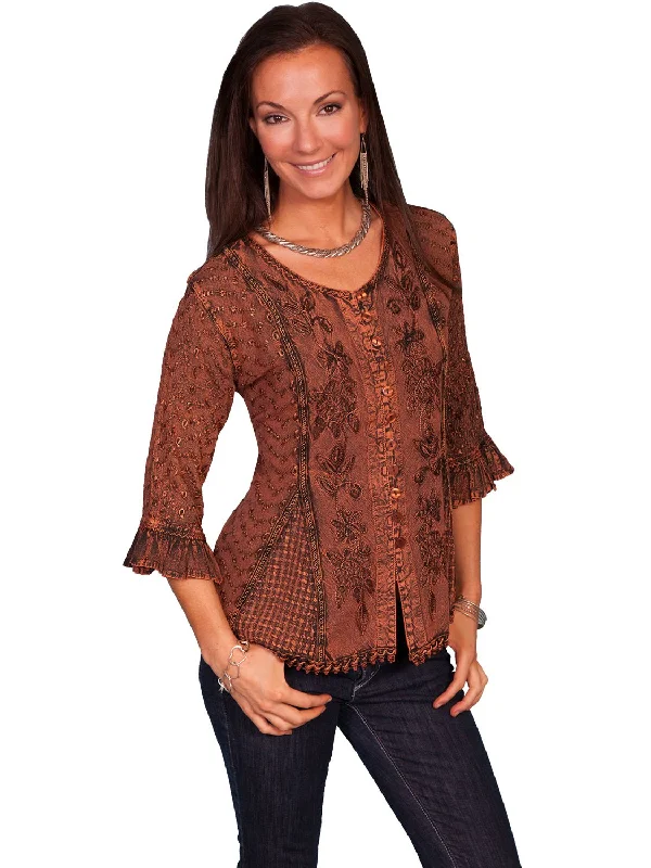 Special Offer Scully Honey Creek Womens Blouse Copper 100% Rayon Embroidered 3/4 Sleeve