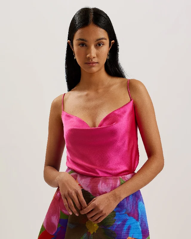 Weekend Specials to Enjoy Kiti Satin Cowl Neck Cami Top Brt-Pink
