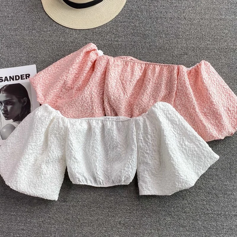 Daily Special puff sleeve off-shoulder shirt for women short-sleeved chic short top      S4157