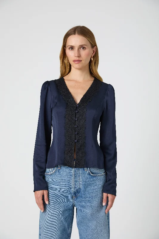 Limited Availability Ennis Satin Lace V-Neck Blouse