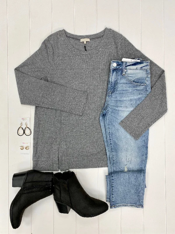 Flash Deal Front Split Heathered Grey Sweater