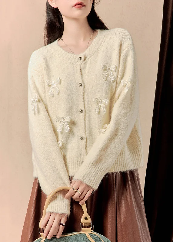 Year-End Clearance Elegant White Button Bow Patchwork Cotton Knit Sweaters Winter