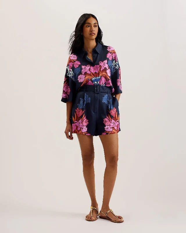 Weekend Bargains to Cherish Akaii Short Sleeve Printed Boxy Cropped Shirt Navy