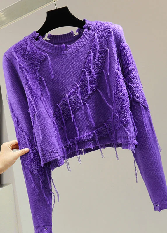 Weekend Bargains to Sizzle Casual Purple O-Neck Ripped Tassel Cotton Knit Sweater