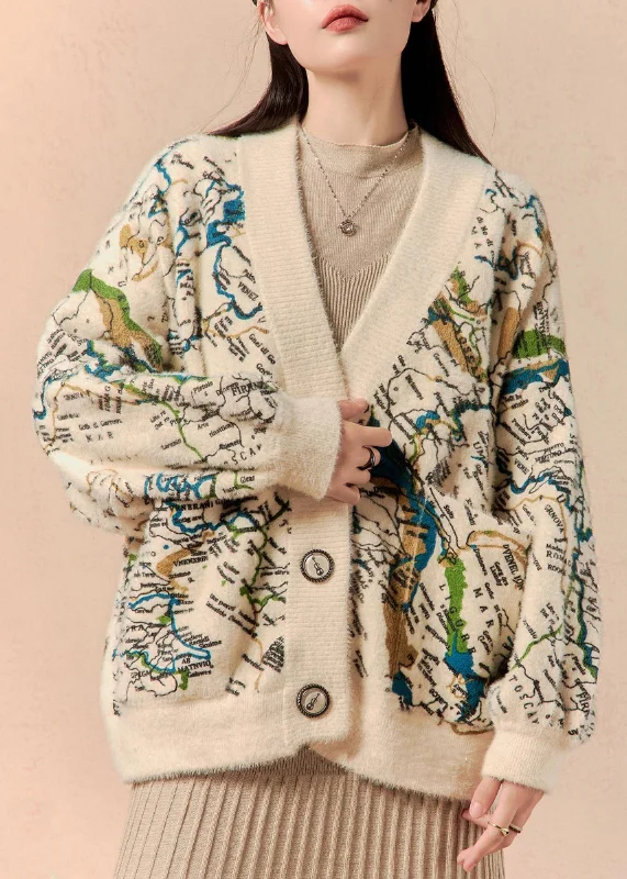 Weekend-Only Price Drops Stylish Beige V Neck Print Button Cotton Knit Cardigan Winter