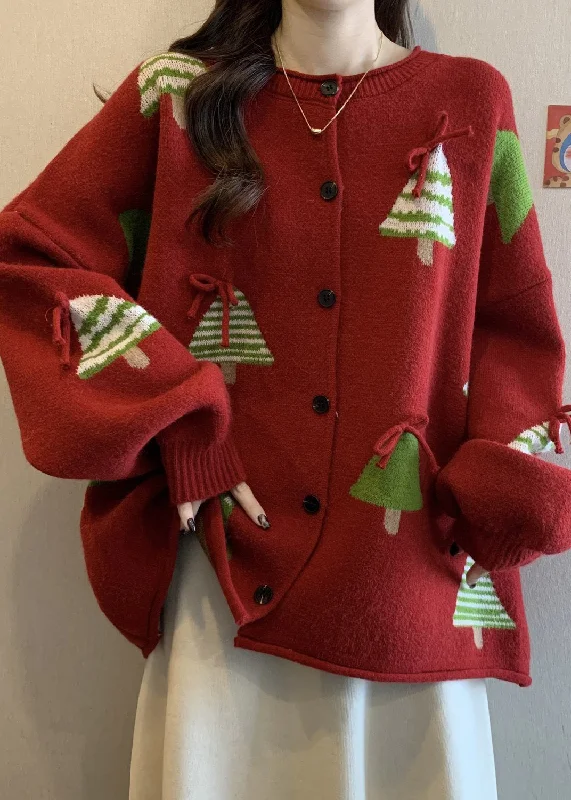 Closeout Deal New Red Christmas Tree Bow Button Knit Cardigan Winter