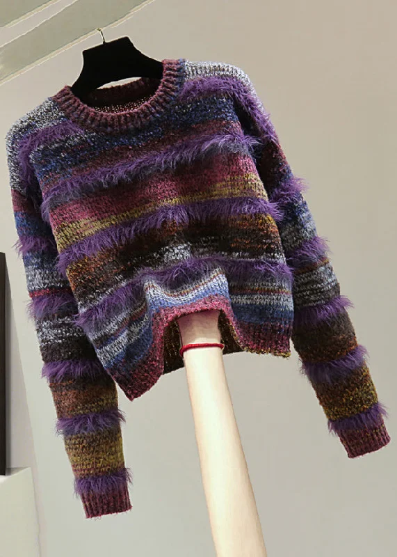 Special Savings Casual Purple O-Neck Thick Striped Cotton Knit Sweater Top Winter