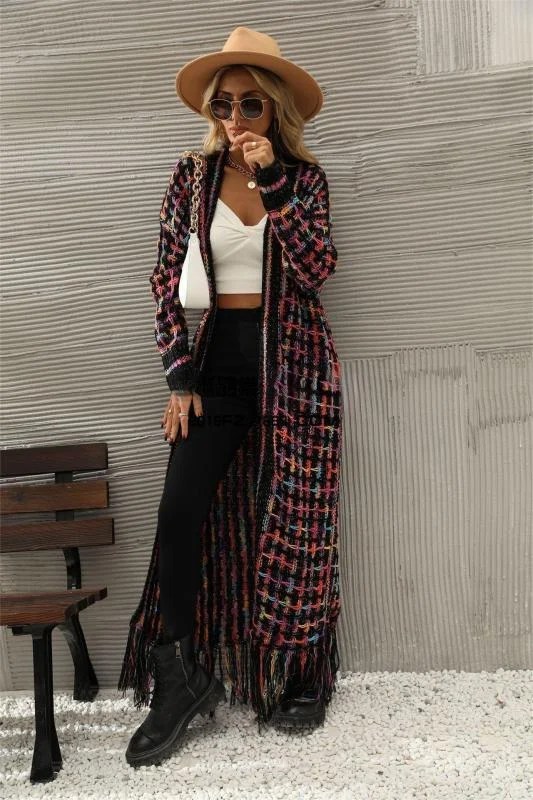 Bonus Savings Women's Plaid Print Floor Length Cardigan With Tassel Hem