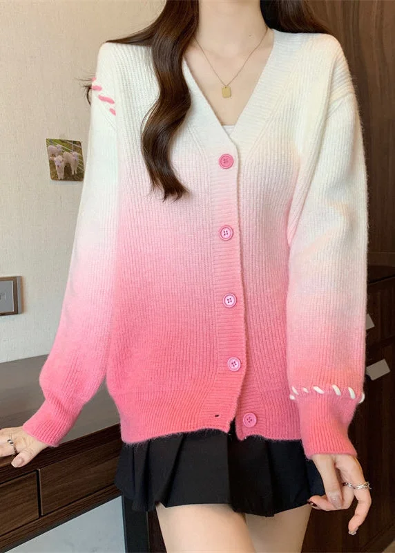 Big Savings Italian Pink Gradient V Neck Button Knit Cardigan Winter