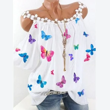 Crazy Deal Butterfly Print Strap Lace Collar Wholesale T Shirts Loose Off Shoulder Womens Tops