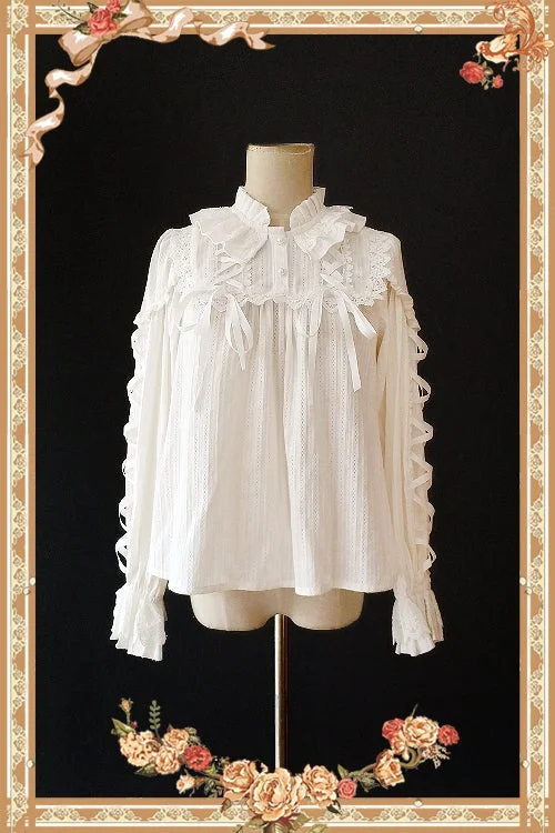 Stock Clearance Infanta~Warm Tea~ Cute Ribbon Long Sleeves Cotton Blouse