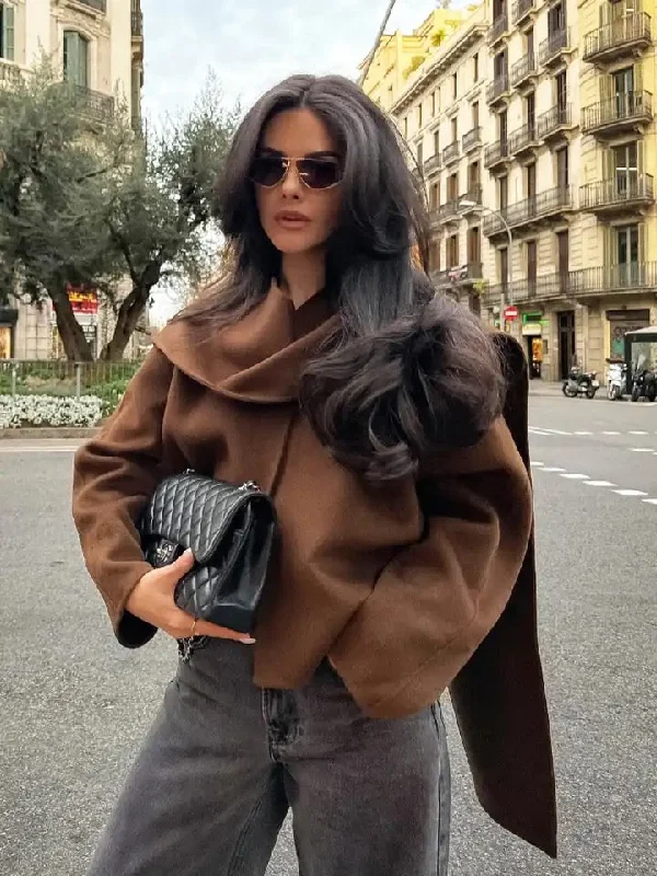 Today's Deal Clepa Vintage Woolen Short Coat in Brown with Scarf