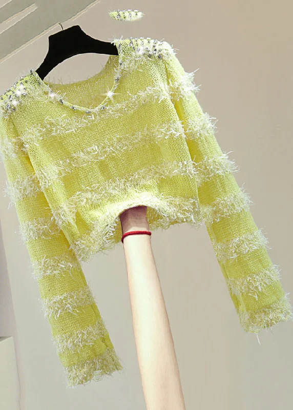 Unmissable Offer French Green V Neck Nail Bead Tassel Cotton Knit Sweaters Winter